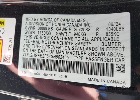 2025 Honda Civic Sport z USA, uszkodzony, nr VIN 2HGFE2F54SH502455